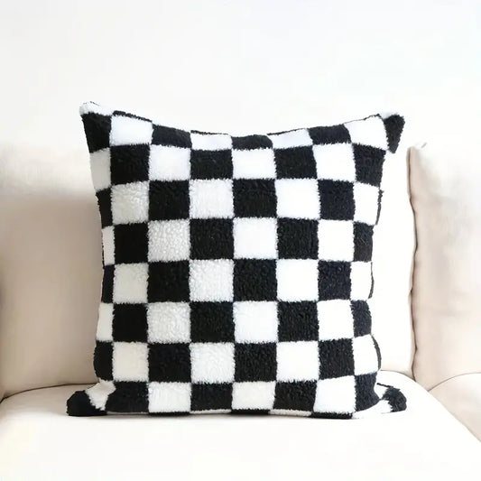 Checkerboard Faux Fur Cushion Cover in Khaki and Coffee