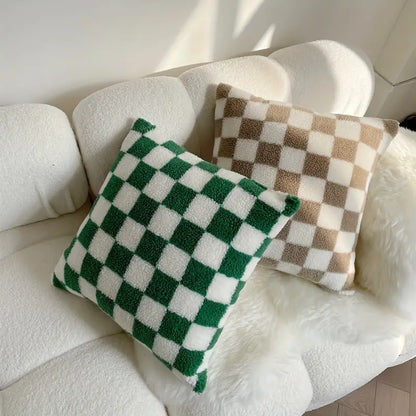 Checkerboard Faux Fur Cushion Cover in Khaki and Coffee
