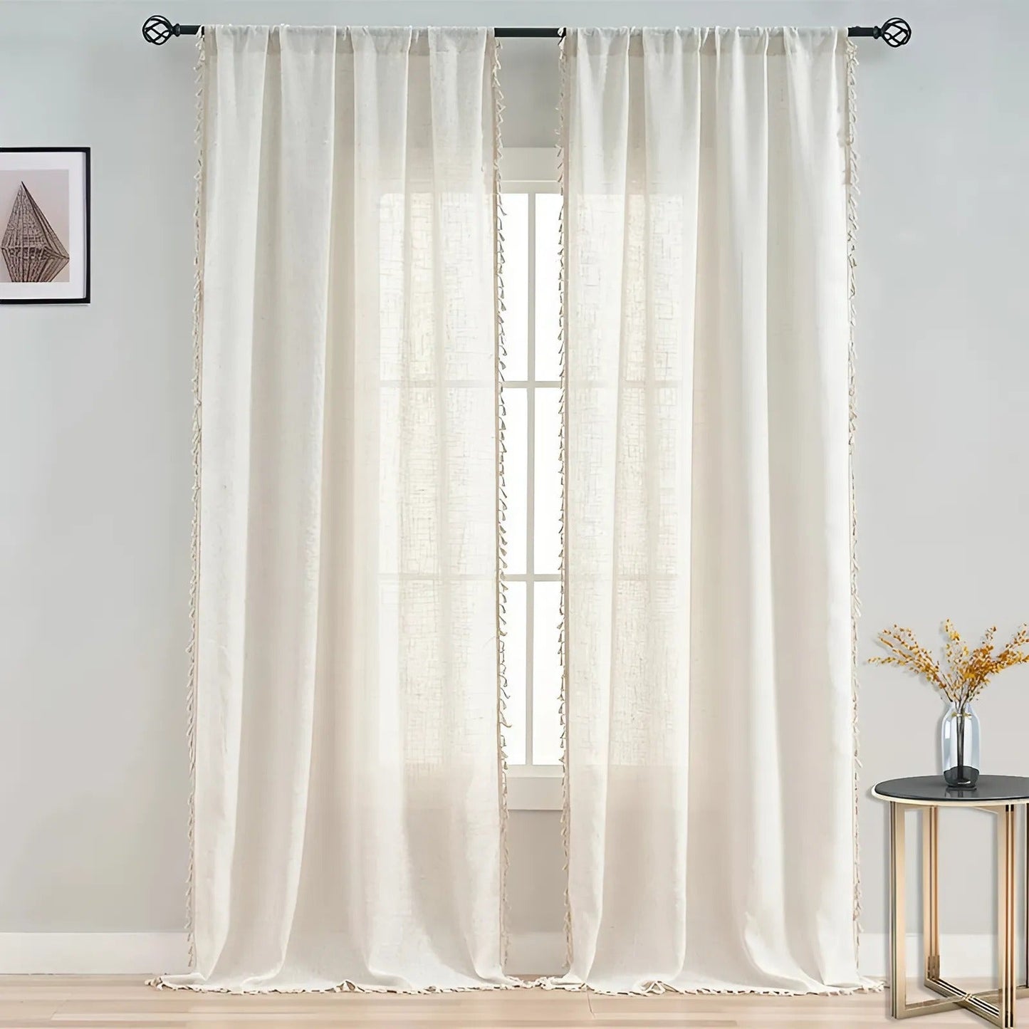 Boho Cotton Linen Semi-Sheer Curtains with Tassels