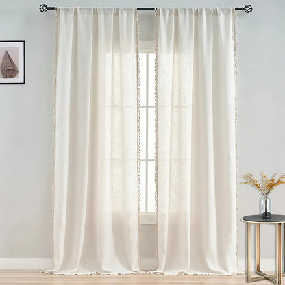 Boho Cotton Linen Semi-Sheer Curtains with Tassels