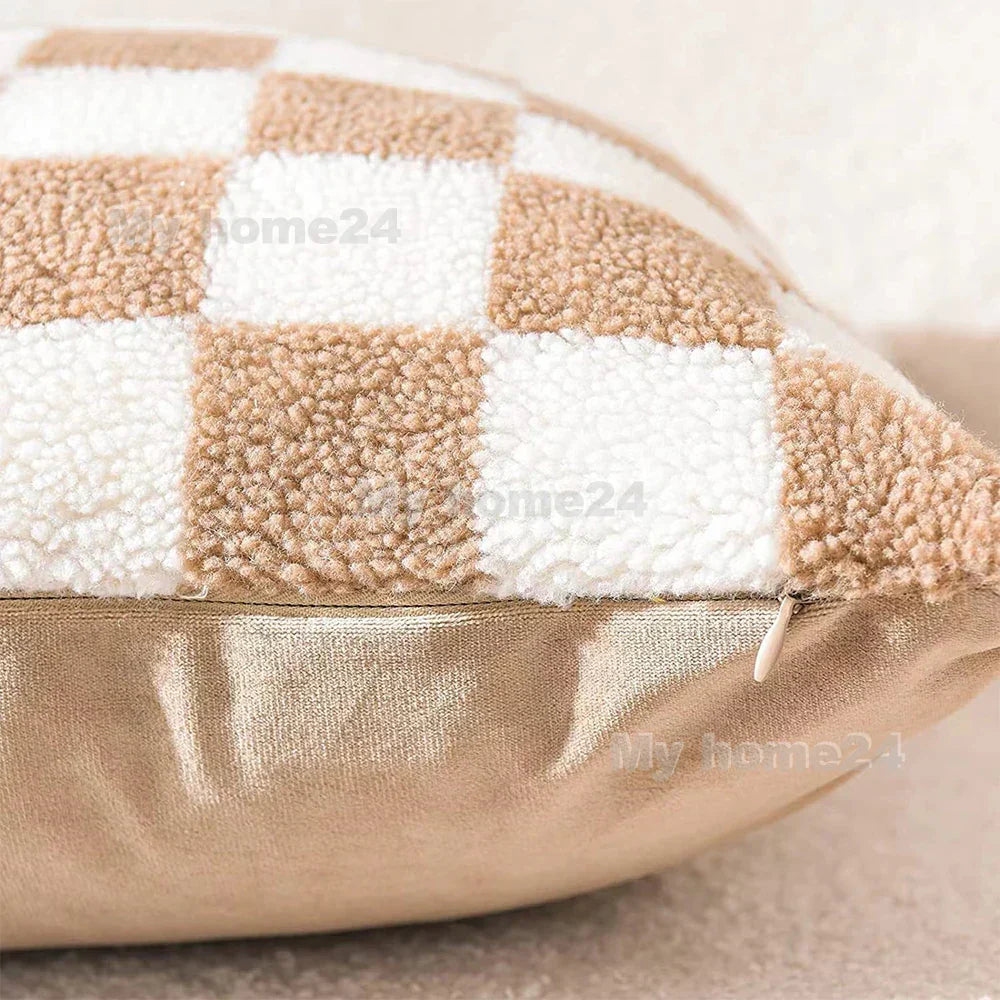 Checkerboard Faux Fur Cushion Cover in Khaki and Coffee