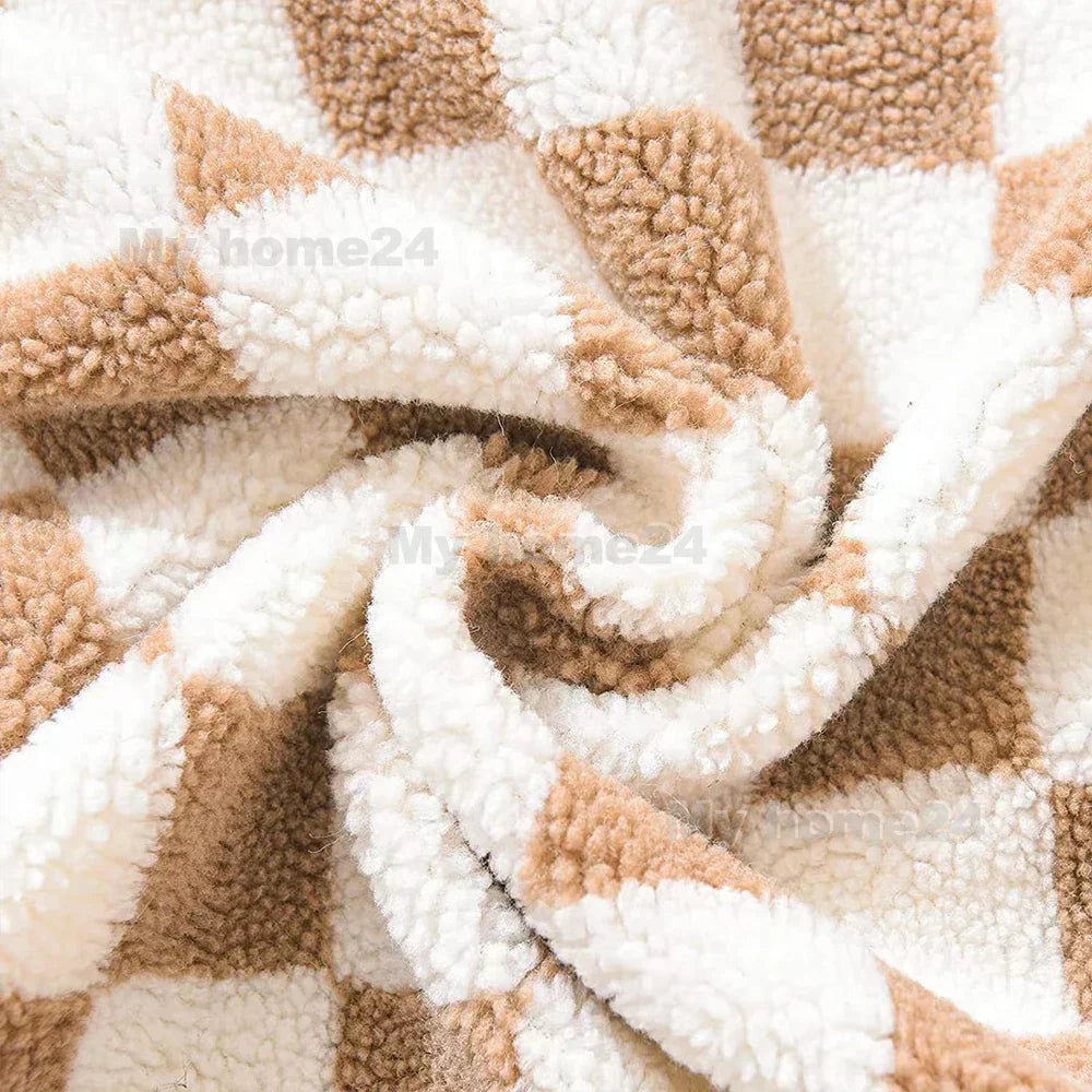 Checkerboard Faux Fur Cushion Cover in Khaki and Coffee