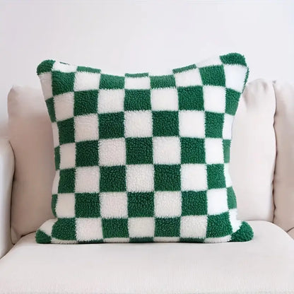 Checkerboard Faux Fur Cushion Cover in Khaki and Coffee